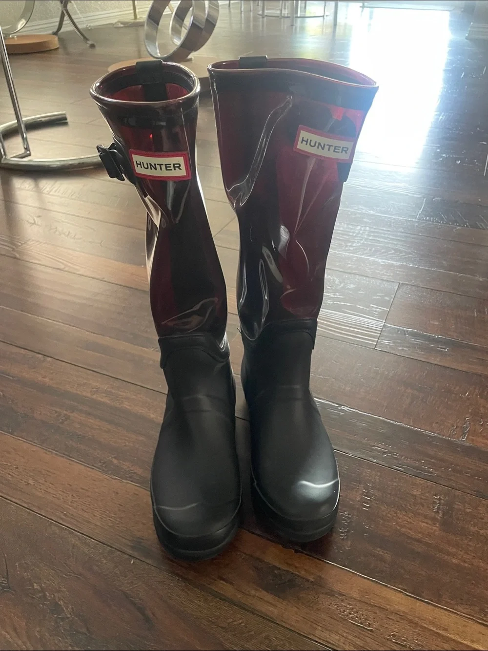 Hunter women’s  Black and Burgundy Glass Tall Rain Boots